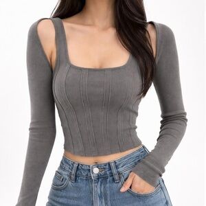 Grey Ribbed 2-Piece Bolero & Tank Top Set